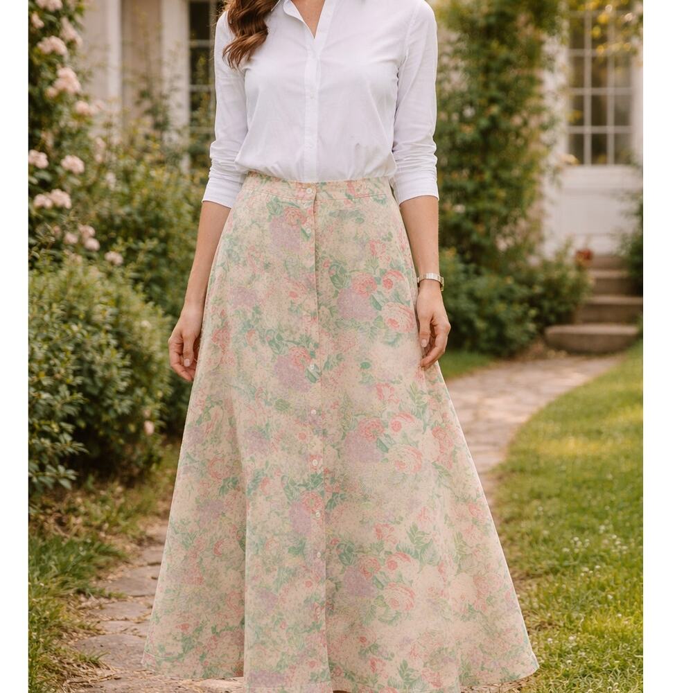 Vintage Lauren Ralph Lauren 100% Linen Floral Button-Front Skirt FLAW Size 8